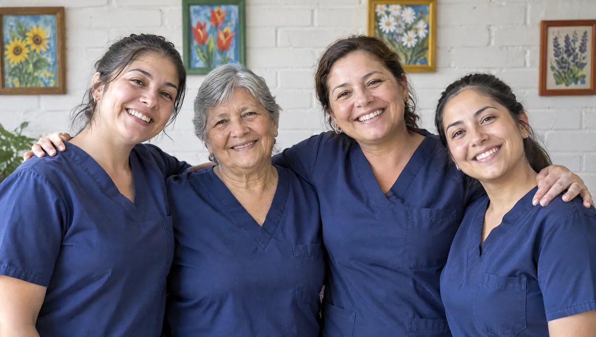 Imagen ilustrativa: cuatro personas con uniforme azul marino, abrazadas y sonrientes, frente a un muro de ladrillo blanco con cuadros de flores
