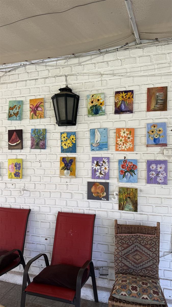 Muro con pinturas hechas por residentes en el taller de arte